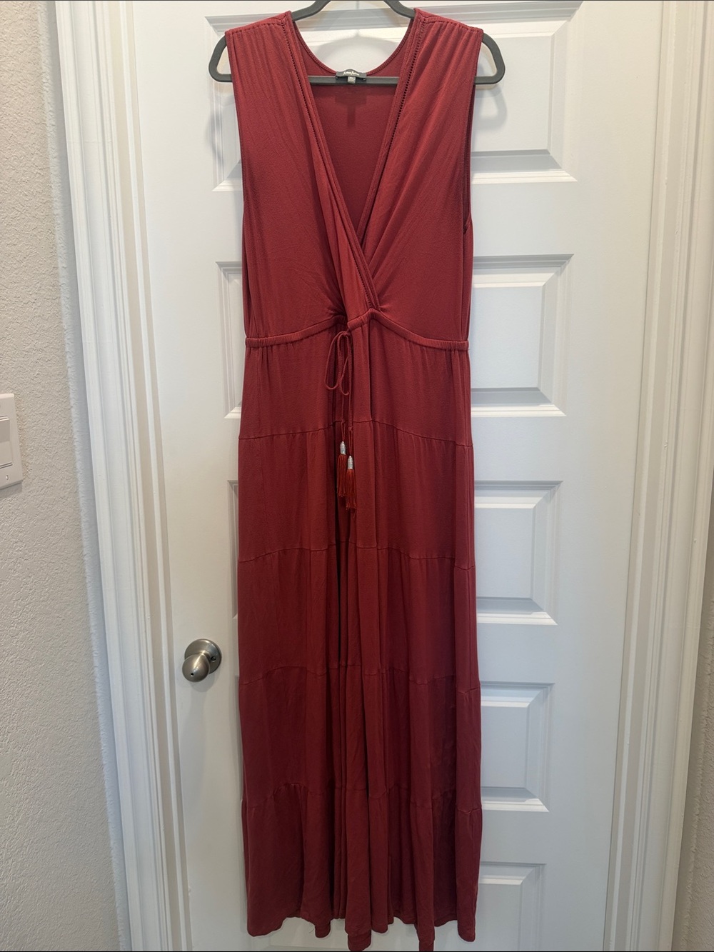 Neiman Marcus Sleeveless Rust Maxi Dress with Tie Front